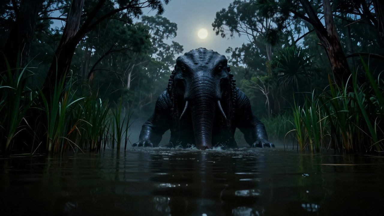 Colosal criatura mítica emergiendo de las aguas oscuras de un billabong australiano al anochecer.