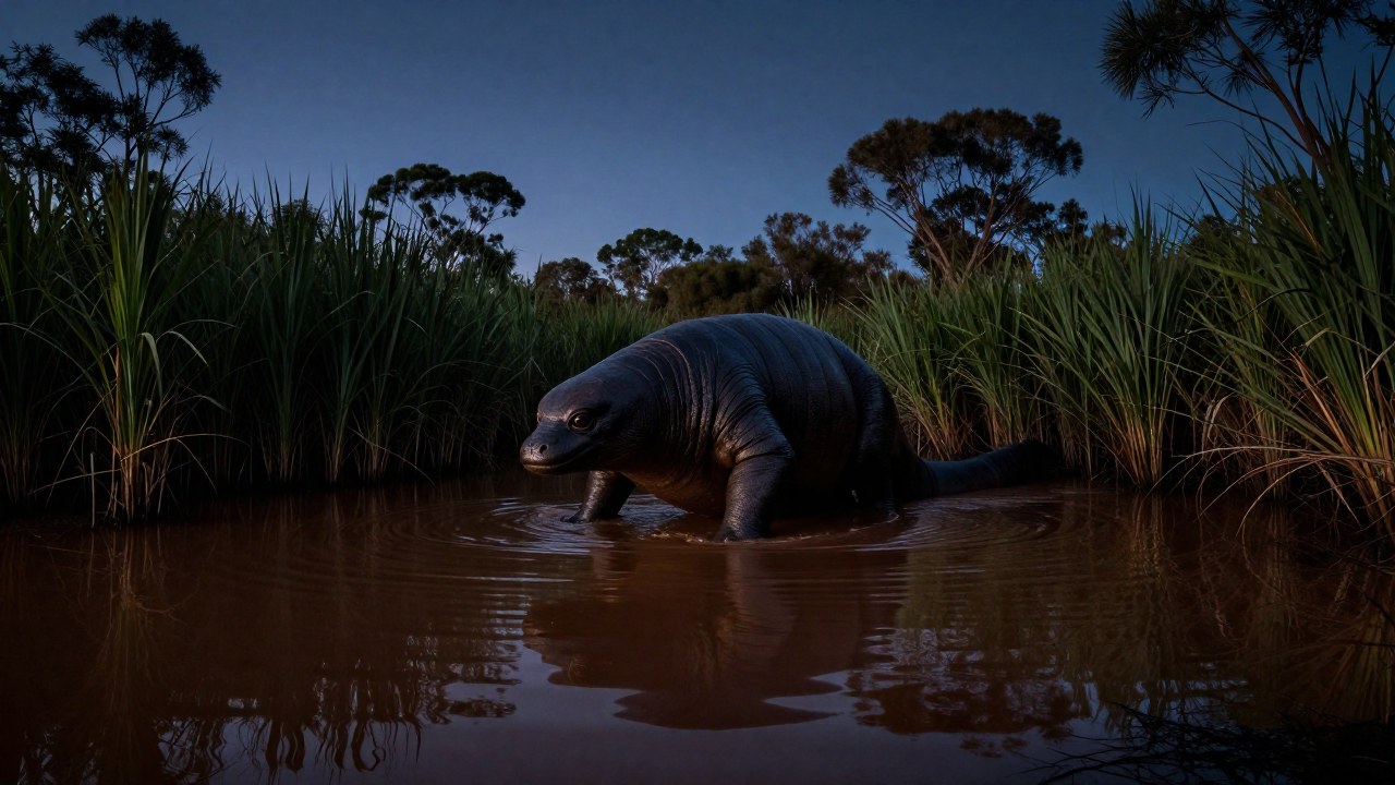 Bunyip, la criatura mítica, asoma desde las aguas oscuras de un humedal australiano al anochecer.
