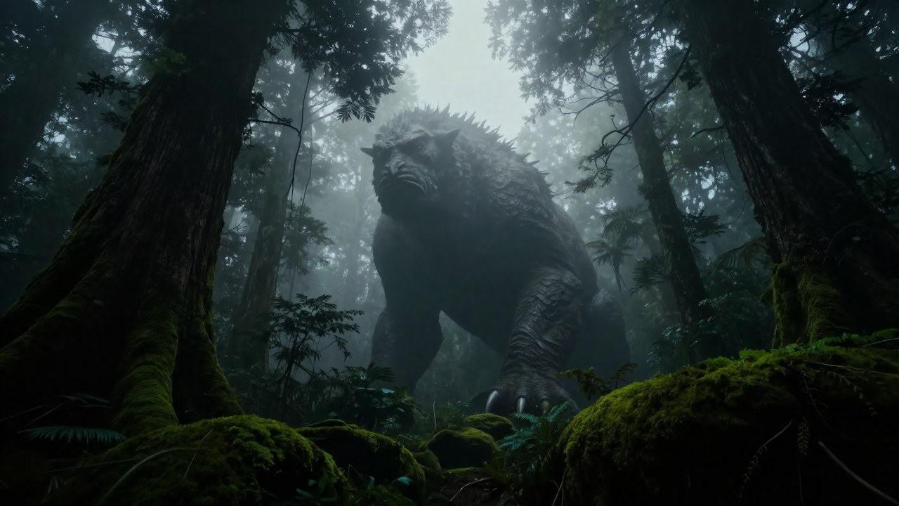 Criatura mítica masiva emerge de un bosque denso y cubierto de niebla.