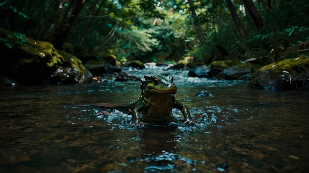 Kappa, la criatura mítica, emerge de las aguas de un río en un entorno boscoso.
