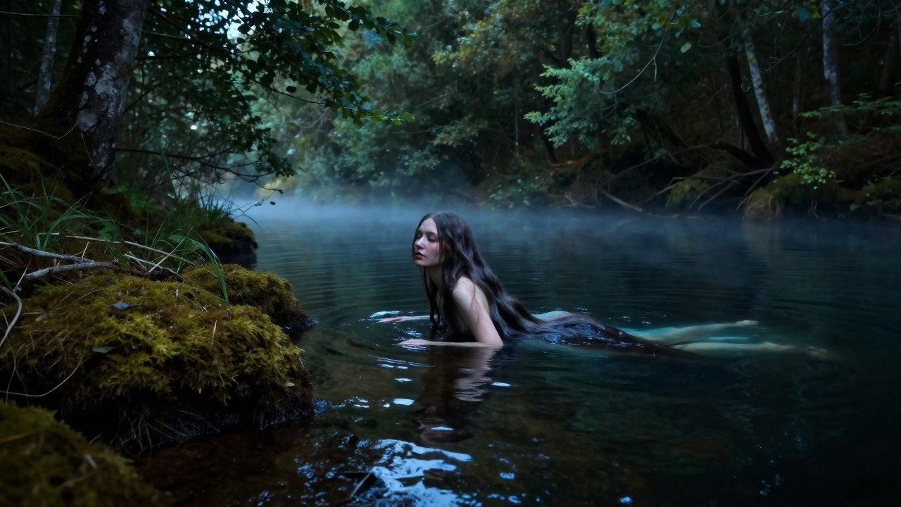 Una Rusalka, espíritu acuático, emerge de las aguas brumosas de un profundo lago boscoso.