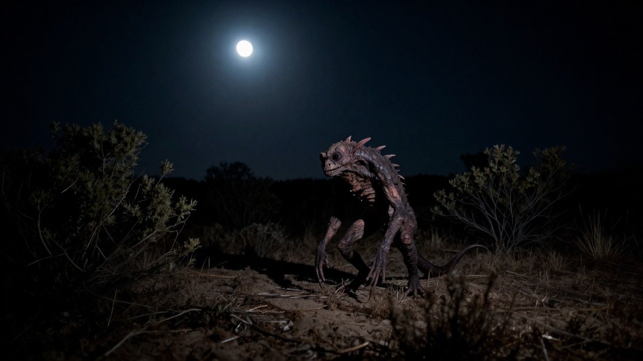Un cryptido parecido al Chupacabras se observa en un paisaje árido y desolado durante la noche.