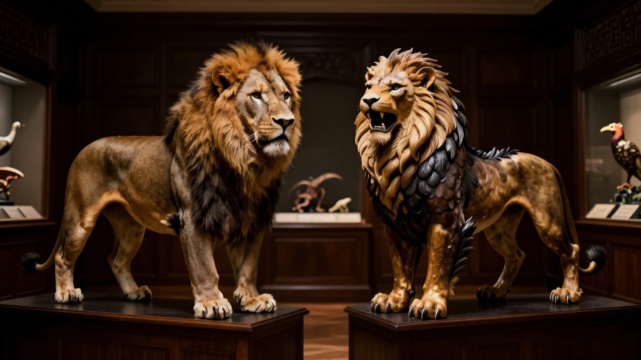 León realista y Grifo mitológico en un estudio de historia natural, contrastando mitología y zoología.