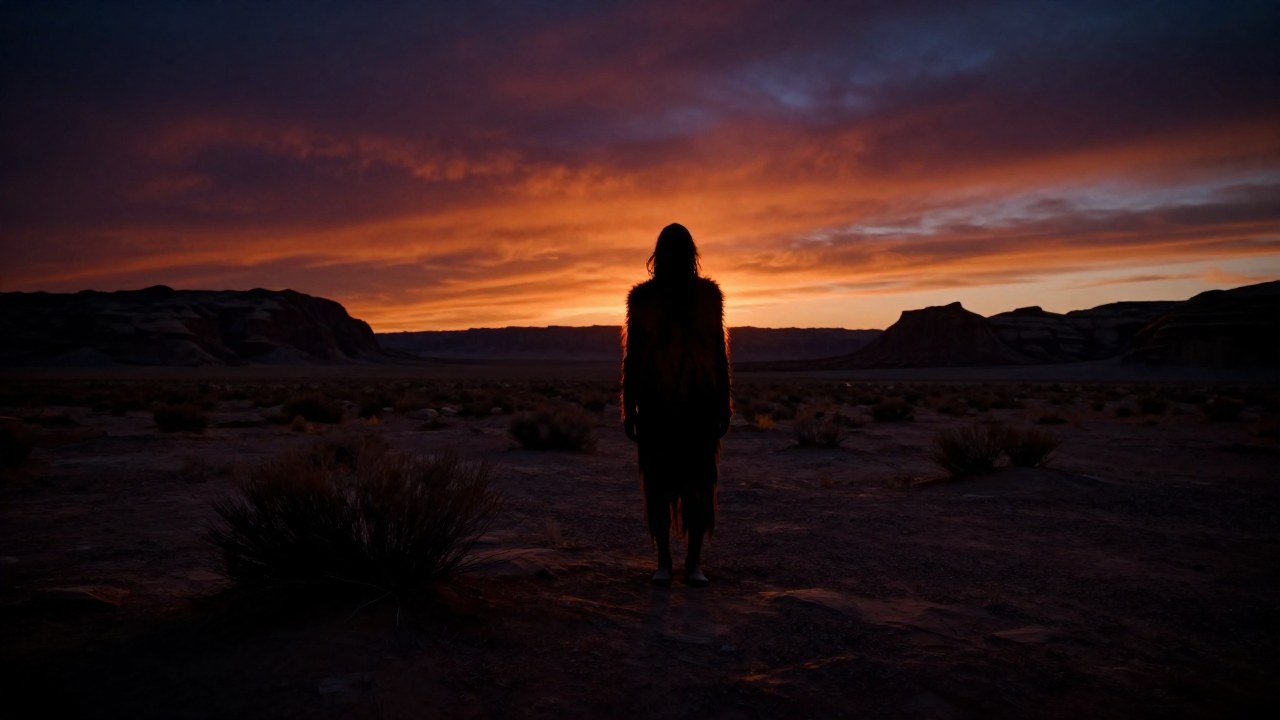 Entidad Skinwalker distorsionada visible en el vasto paisaje desolado del desierto de Utah al anochecer.