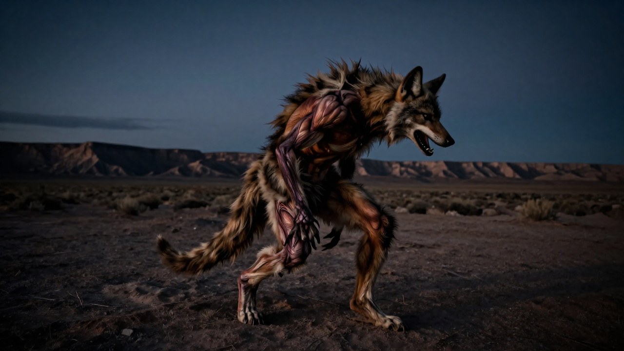 Metamorfosis de un humano en un ser lupino en el paisaje árido y desolado del desierto.