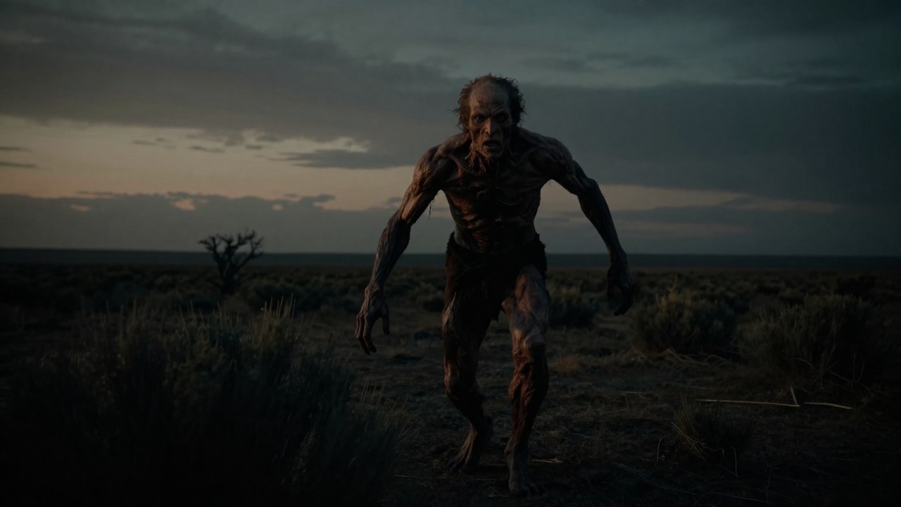 Figura masculina en plena metamorfosis bestial en un entorno desolado y crepuscular.