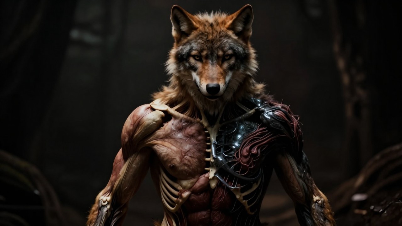 Figura en metamorfosis, mostrando la mezcla de rasgos humanos y musculatura lupina.