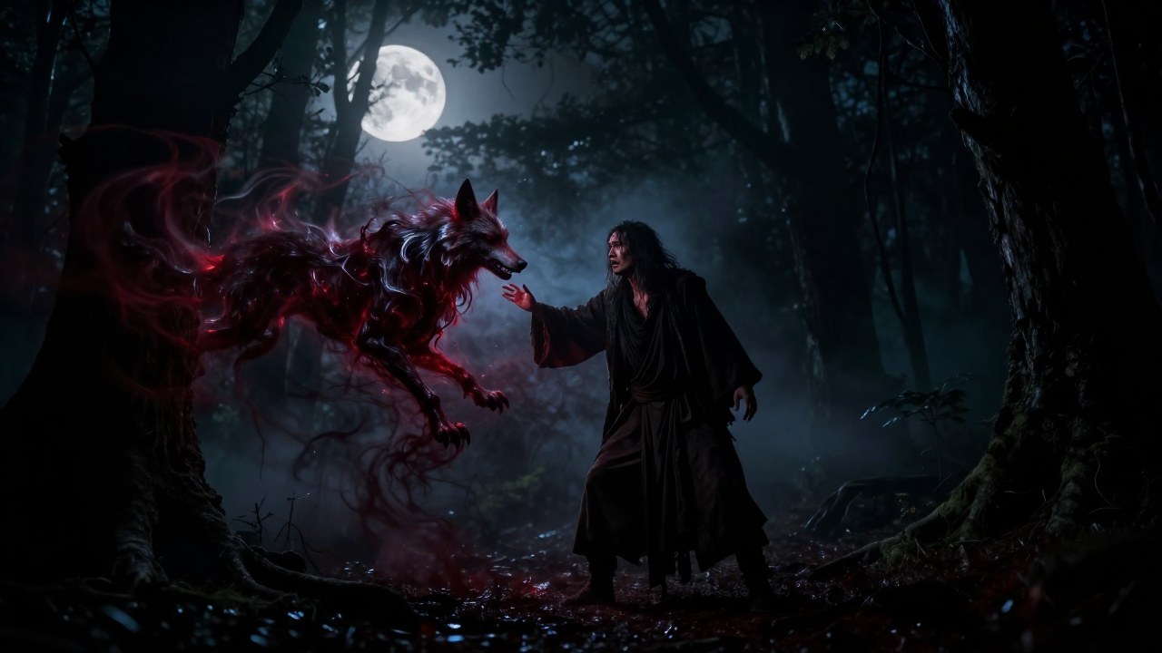Una figura humana angustiada en un bosque oscuro confronta una energía espectral que simboliza una maldición.
