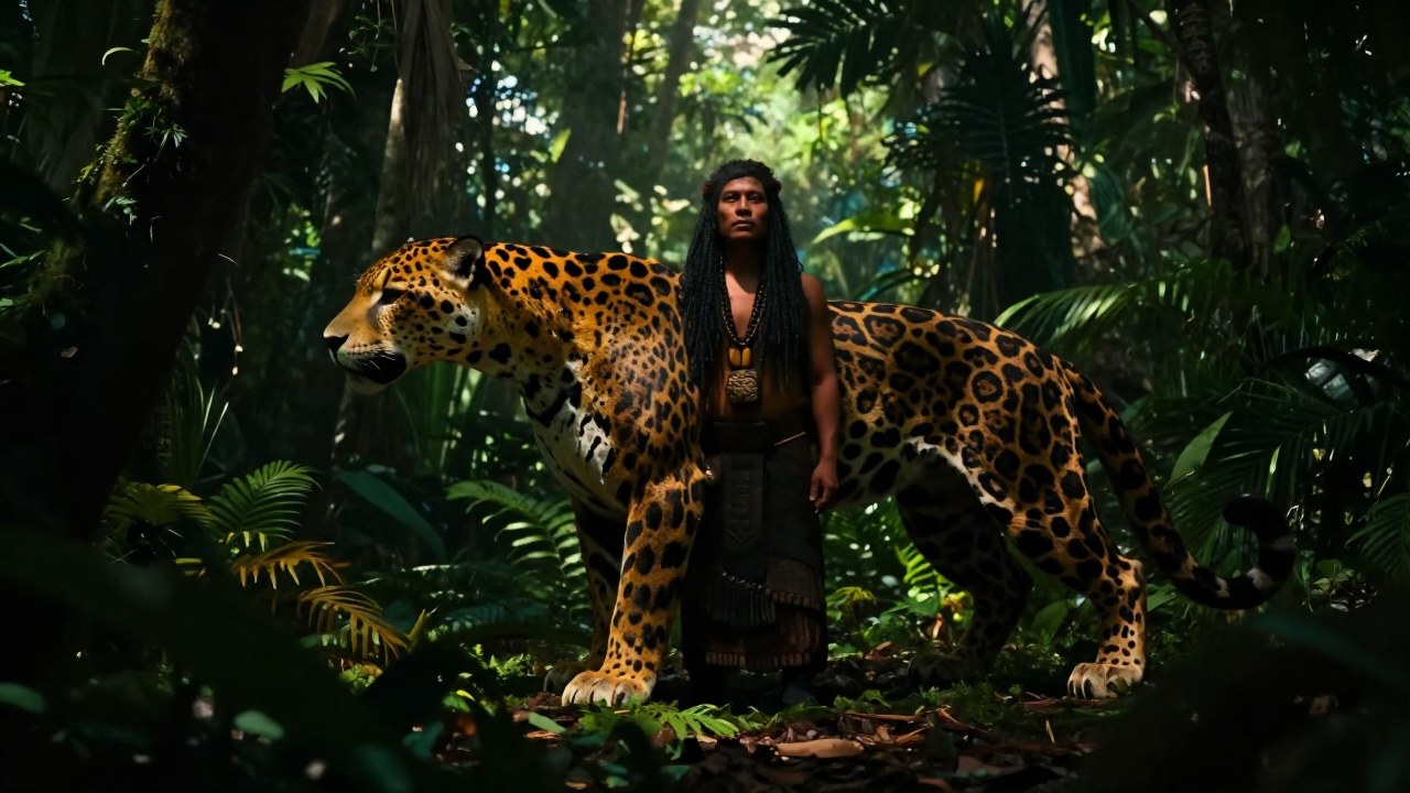 Una figura humana se fusiona sutilmente con un animal simbólico, representando la dualidad del Nahual en la selva.