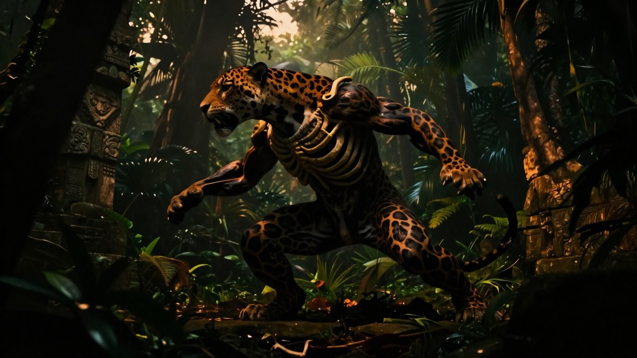 Un nahual se transforma parcialmente en jaguar dentro de la densa vegetación de la jungla mesoamericana.