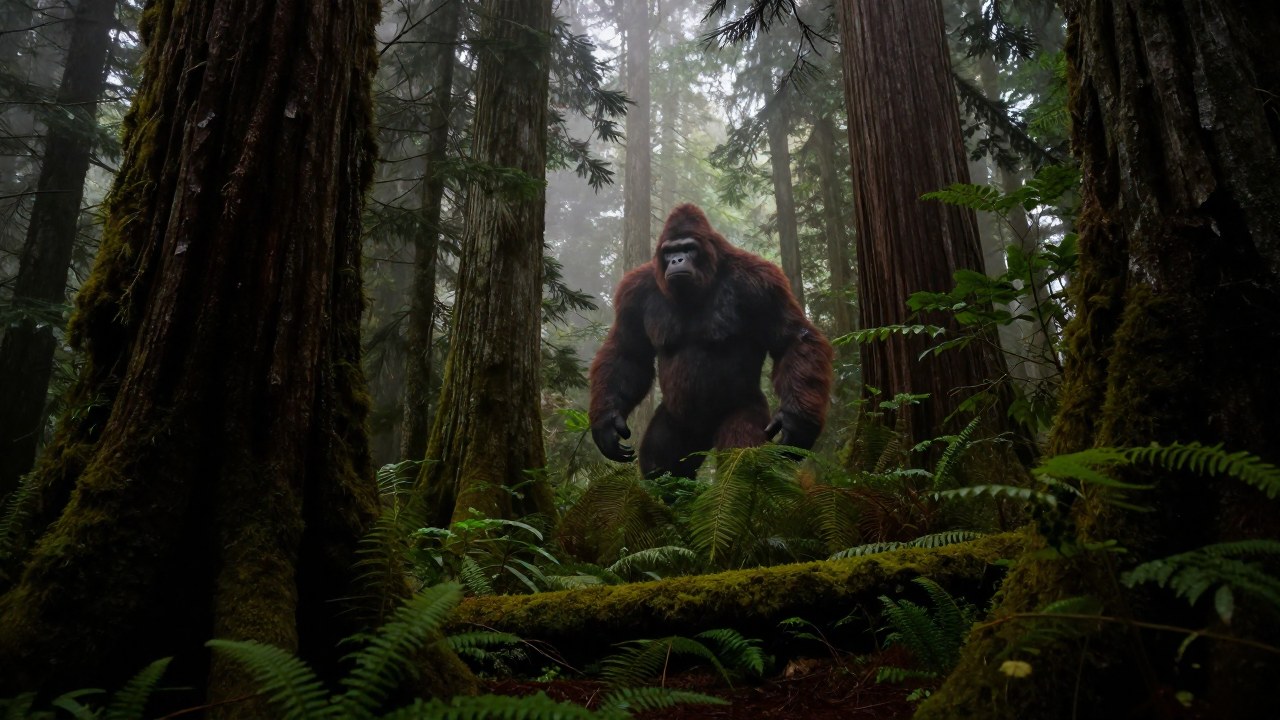 Figura de Sasquatch parcialmente oculta entre la densa vegetación de un bosque brumoso.