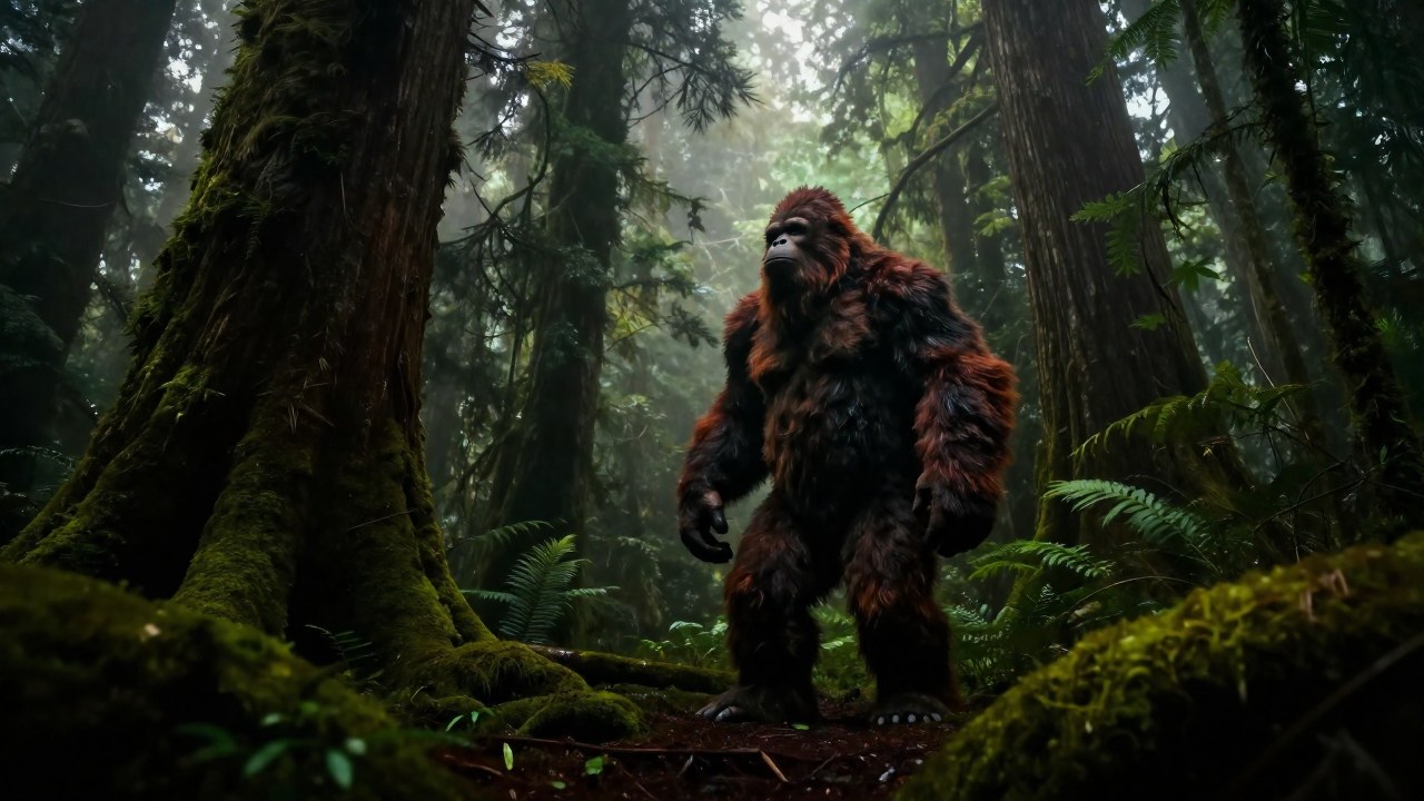 Bigfoot imponente en un denso bosque templado y neblinoso, envuelto en un ambiente de misterio.