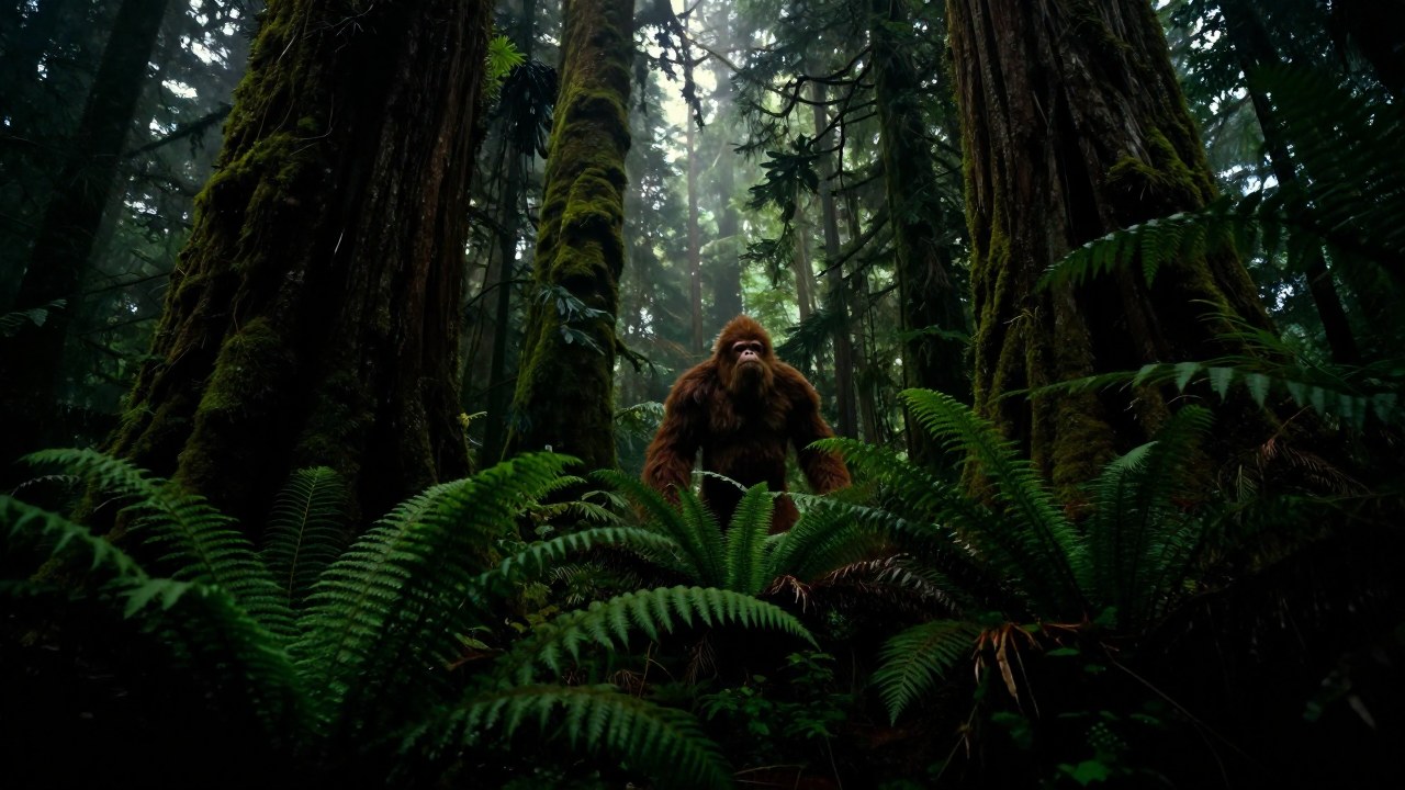 Criptido grande y peludo, similar a Bigfoot, emerge entre la densa vegetación de la selva del Pacífico Noroeste.