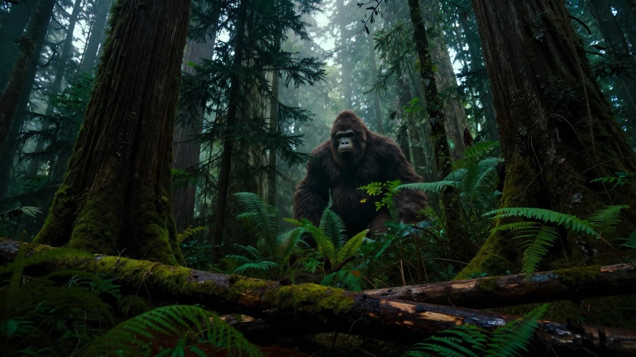 Figura de Sasquatch parcialmente visible en la densa vegetación de una selva nublada del Noroeste del Pacífico.