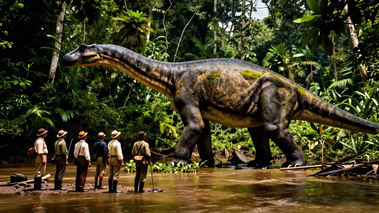 Exploradores en la selva de África Central observan al gigantesco criatura Mokele-Mbembe.