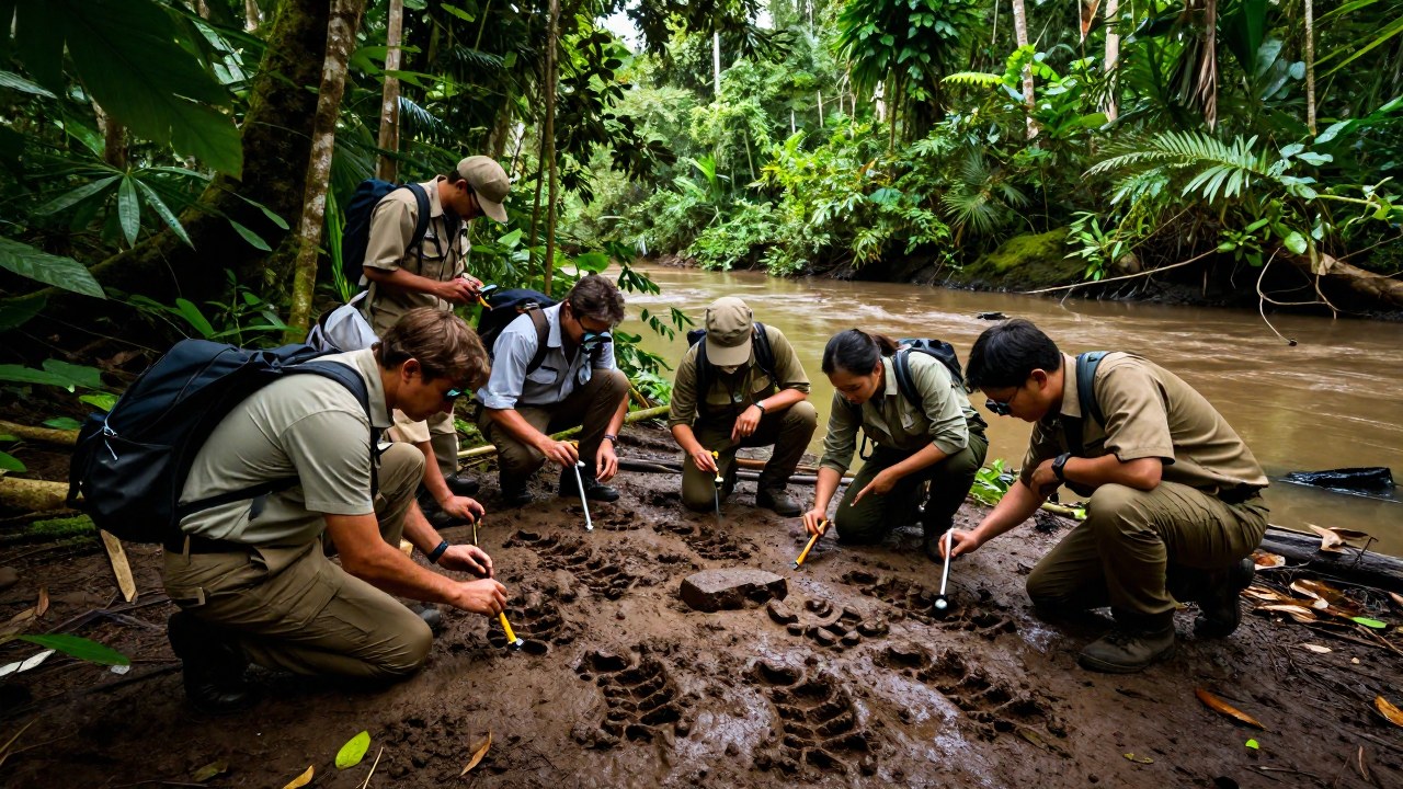 Paleontólogos y biólogos examinan huellas fósiles en la tierra húmeda de una selva africana.