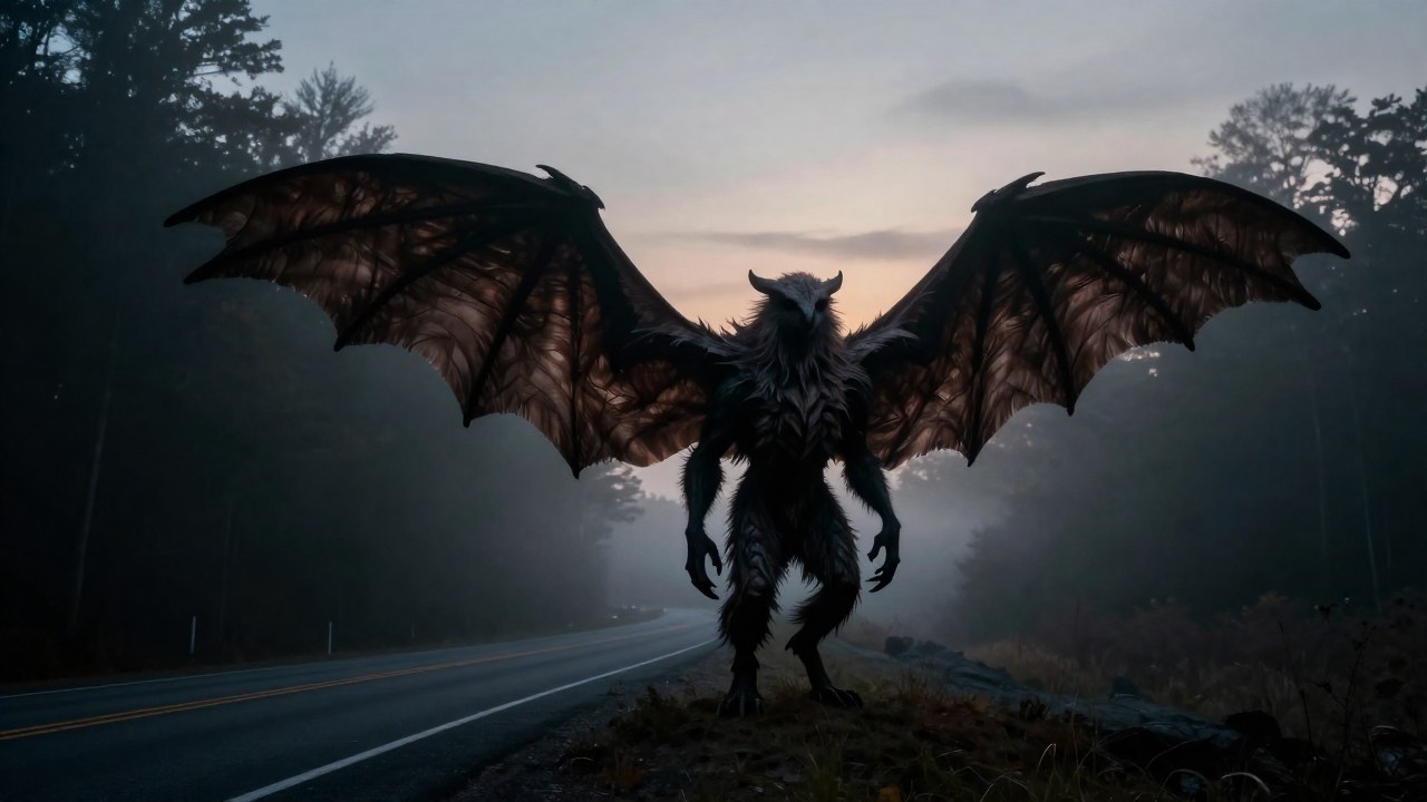 El criptido Mothman, una criatura alada, se alza en la carretera rural neblinosa al anochecer.