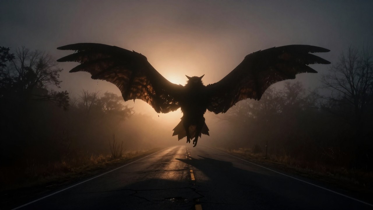 Criatura alada Mothman siluetada en una carretera rural desolada y brumosa al anochecer.
