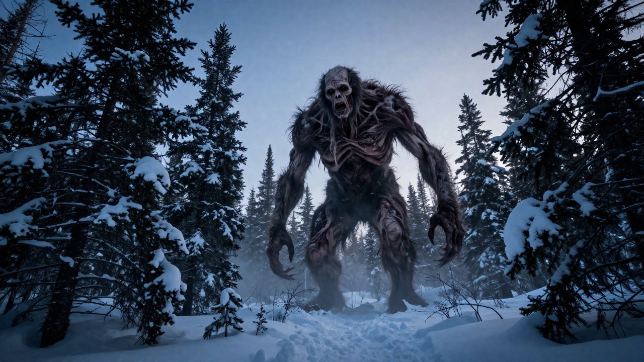 Figura humanoide colosal y demacrada emerge de la niebla en un denso bosque boreal invernal.