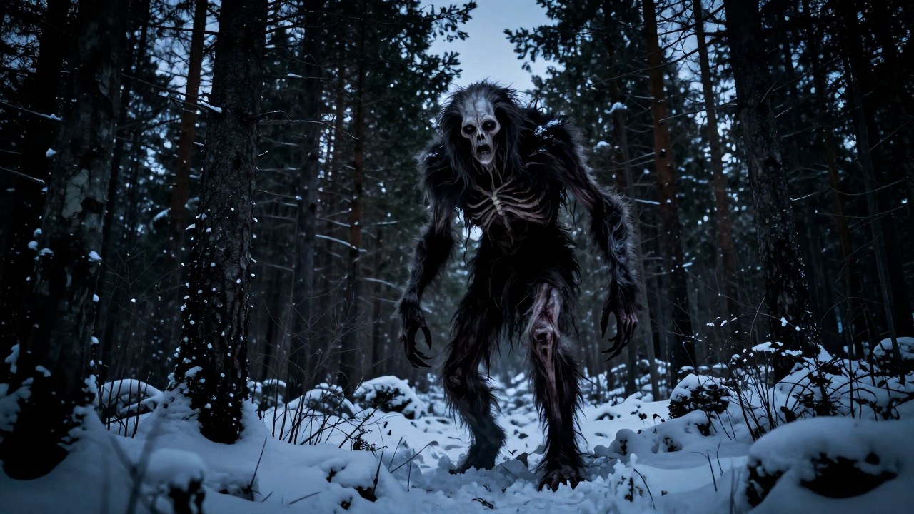 Wendigo, figura monstruosa y demacrada, emerge de un denso bosque boreal nevado al crepúsculo.