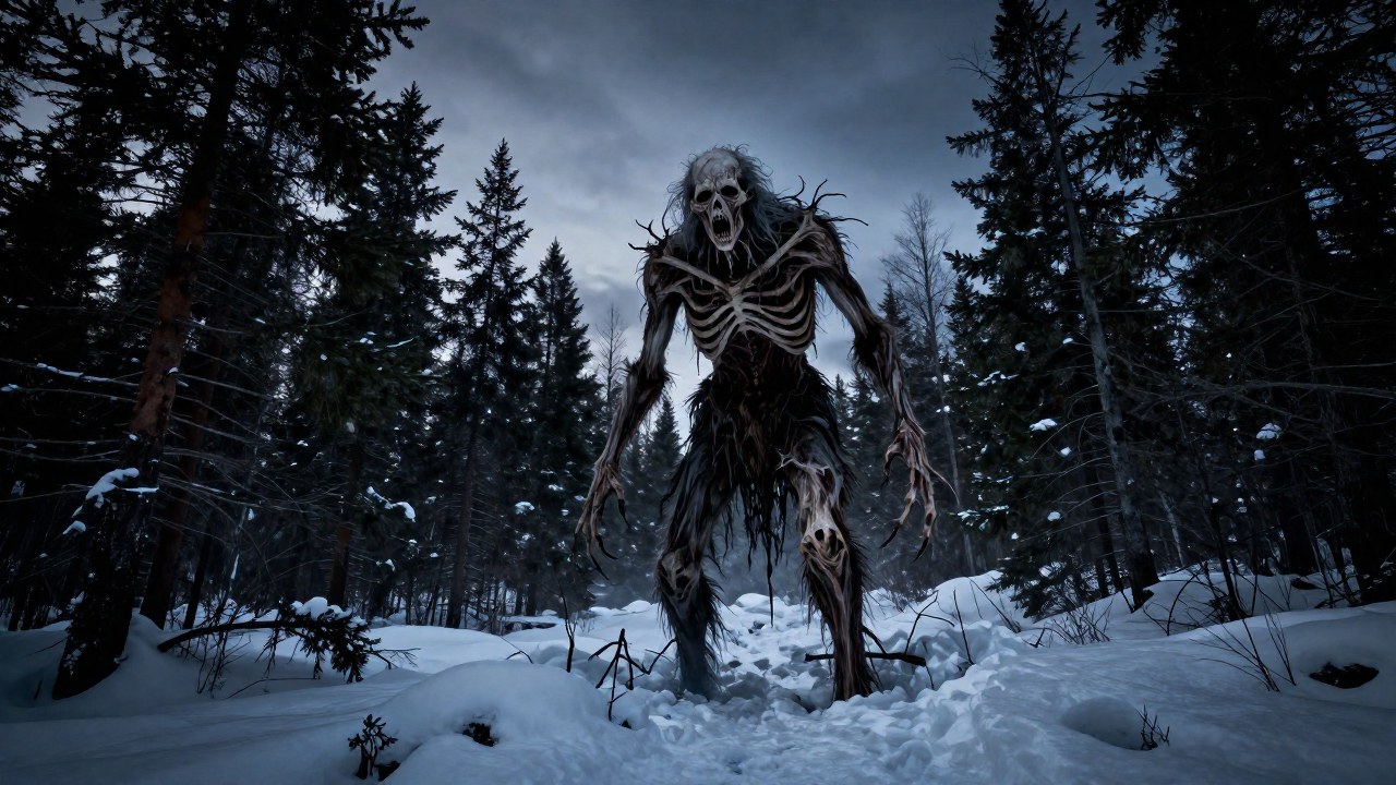 La figura alta y esquelética del Wendigo emerge de un paisaje desolado y nevado en el norte.