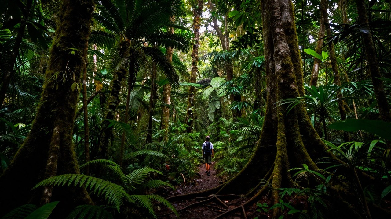 Un individuo recorre un sendero entre la exuberante e inmensa vegetación de la selva amazónica.