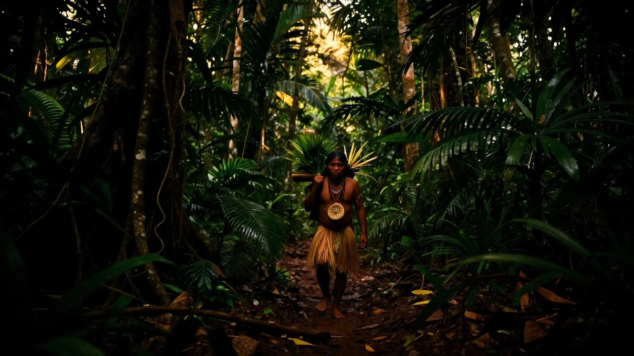 Figura indígena camina por la selva amazónica al anochecer, llevando elementos de conocimiento tradicional y preparación.