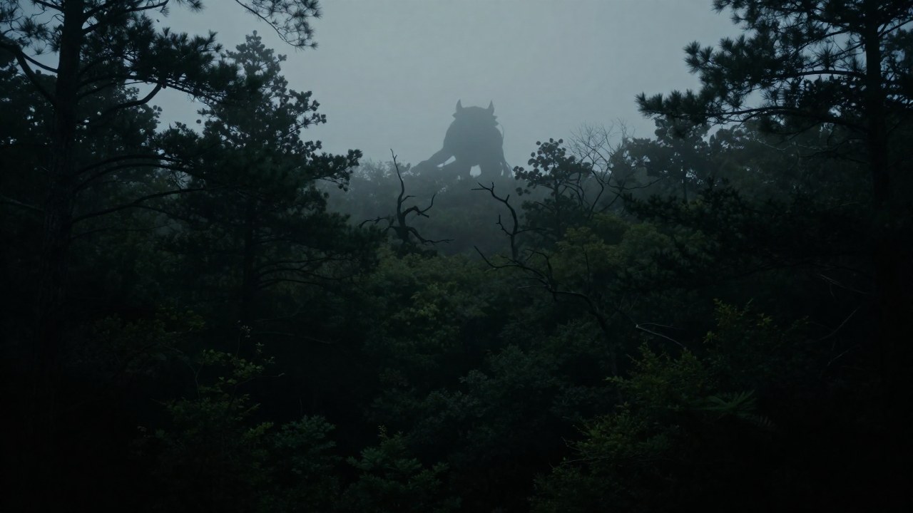 La silueta de un Diablo de Jersey se vislumbra en la niebla del denso bosque de Pine Barrens.