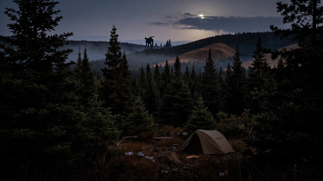 Un ser cryptido es visible en el fondo de un denso paisaje boscoso y montañoso al crepúsculo.