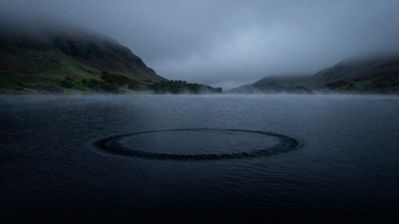 Loch Ness brumoso en las Tierras Altas de Escocia, con una onda en el agua sugiriendo la presencia de Nessie.