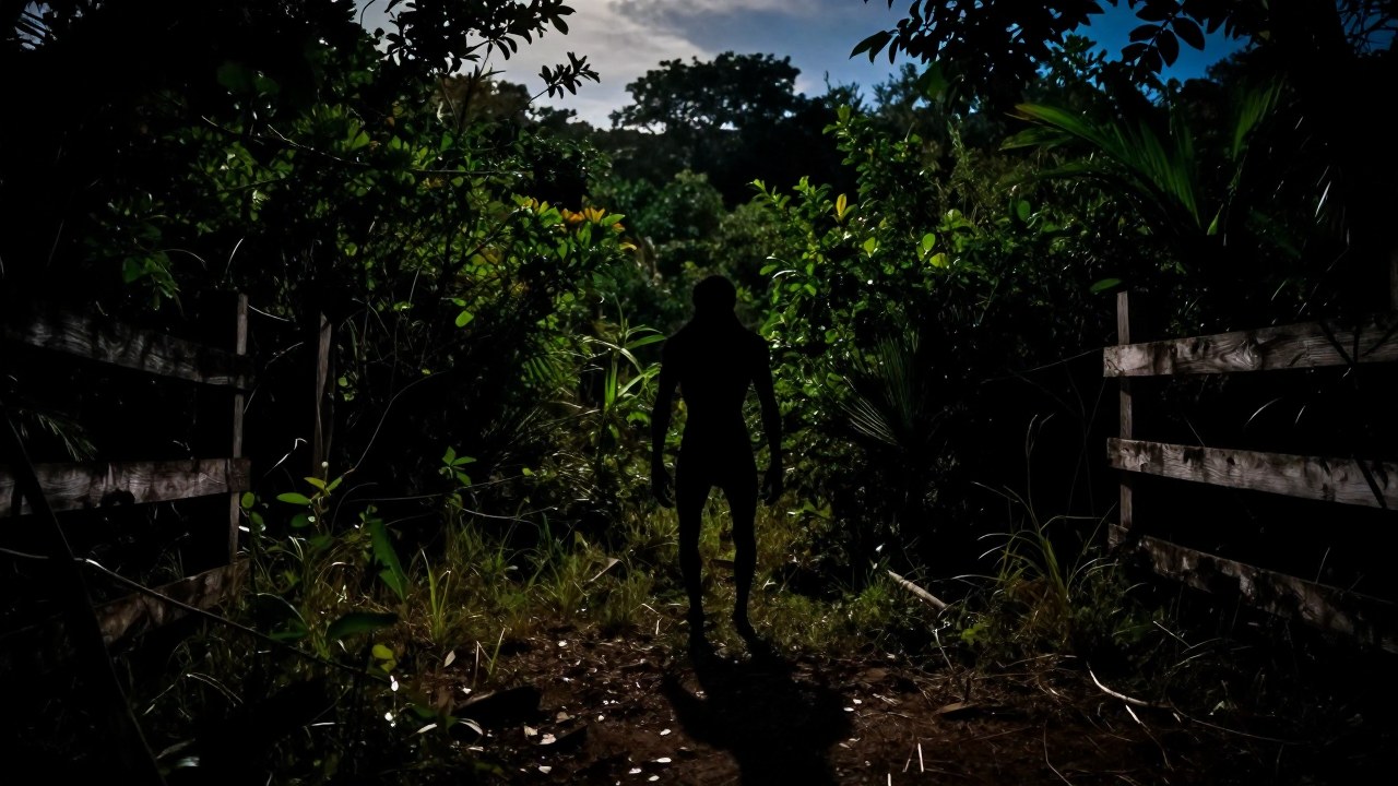 Silueta de una criatura misteriosa en un paisaje rural húmedo al crepúsculo.