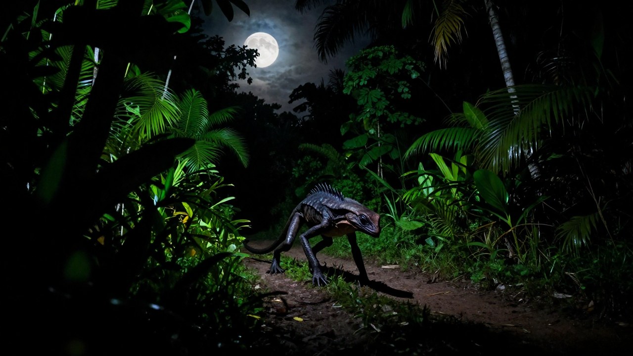 Criptido reptiliano similar al Chupacabra acechando en la selva tropical nocturna de Puerto Rico.