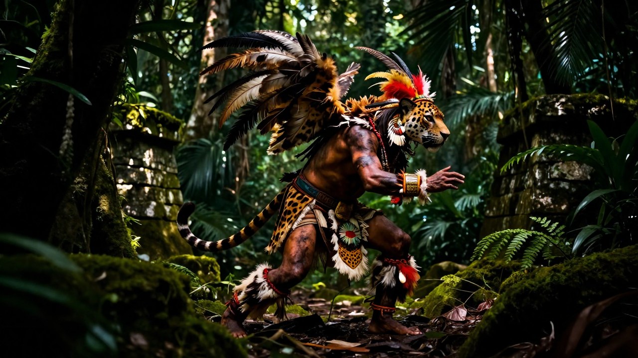 Chamán nahual en la jungla maya, en el proceso dinámico de transformación animal.
