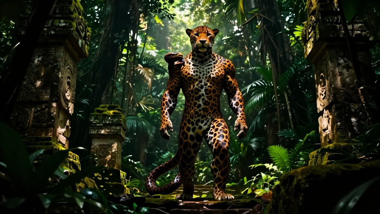 Figura mitológica en la selva maya fusionándose orgánicamente con la forma de un jaguar, simbolizando la transformación.