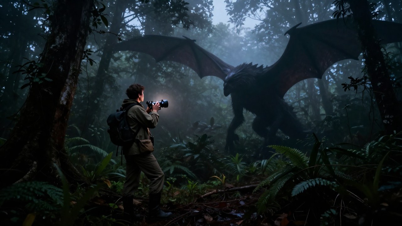 Investigador zoólogo busca una criatura alada y oscura en la niebla de un bosque denso al anochecer.