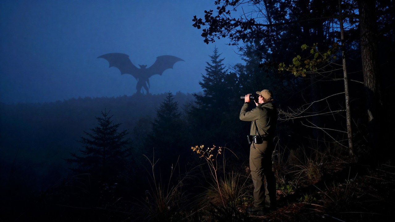 Investigador en la naturaleza observa la silueta de una criatura alada en una bruma nocturna.