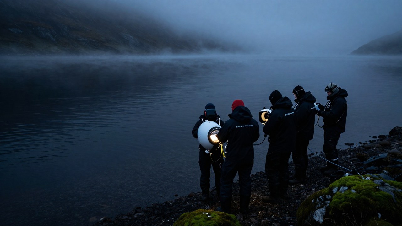 Investigadores marinos operan equipos de sónar en la orilla de un amplio loch brumoso.