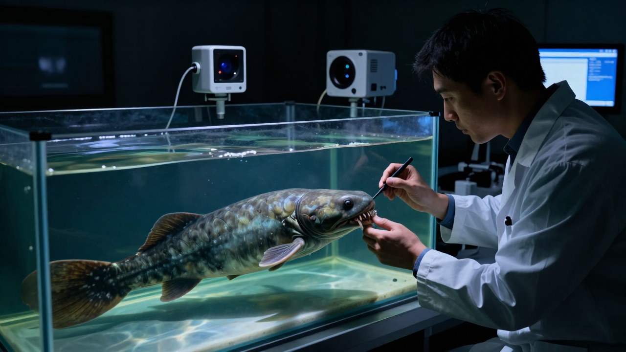Biólogo examina una criatura acuática serpentina de gran tamaño en un tanque de laboratorio científico.