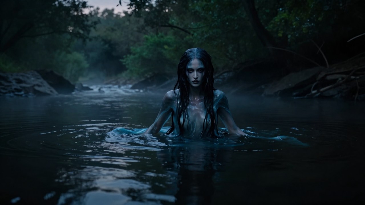 Un espíritu acuático humanoide y bello emerge de aguas oscuras y brumosas.