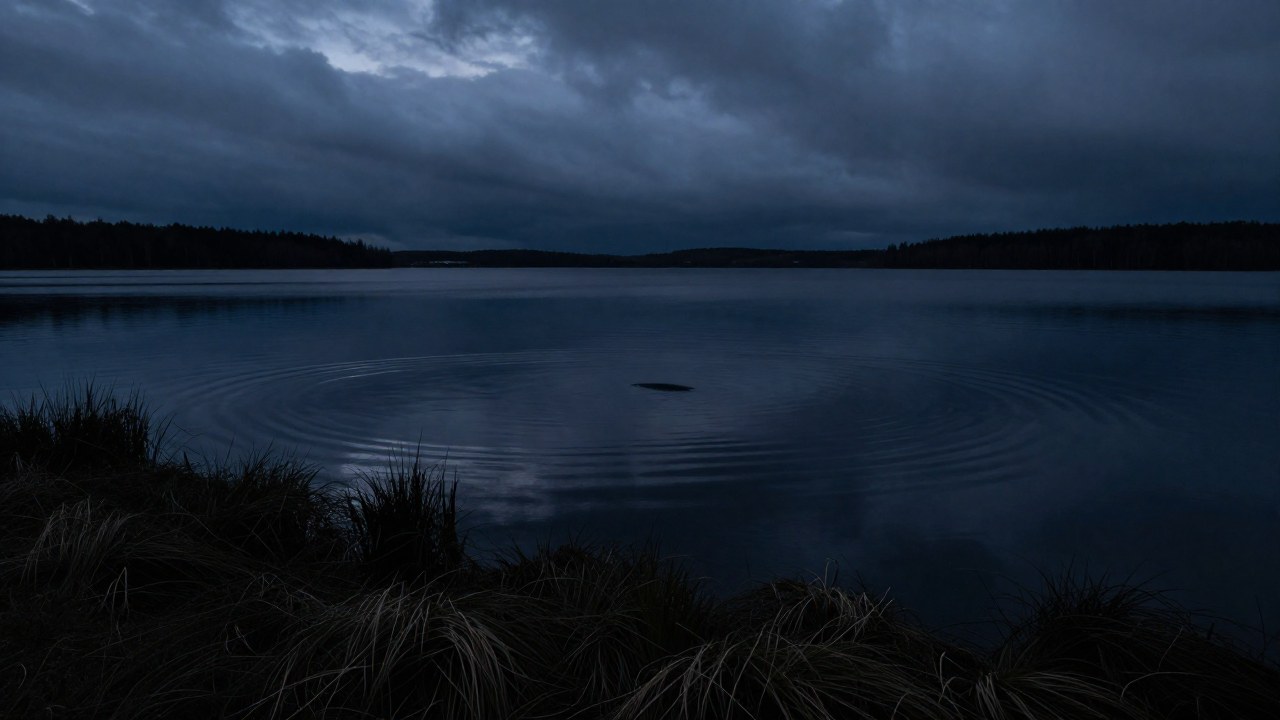 Manifestación de energía oscura debajo del agua, simbolizando el mito del Näcken en un lago al anochecer.