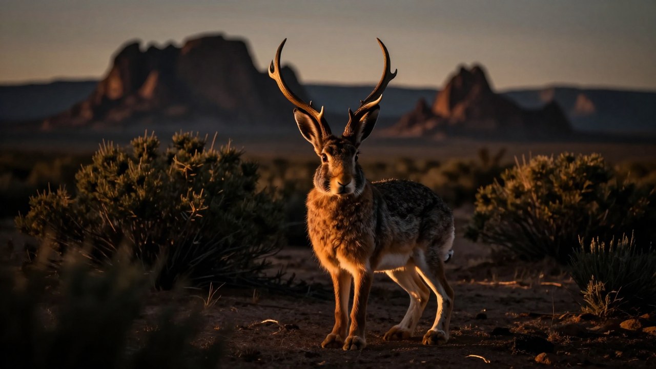 Un Jackalope con astas se encuentra de pie y alerta en un entorno de desierto alto al atardecer.