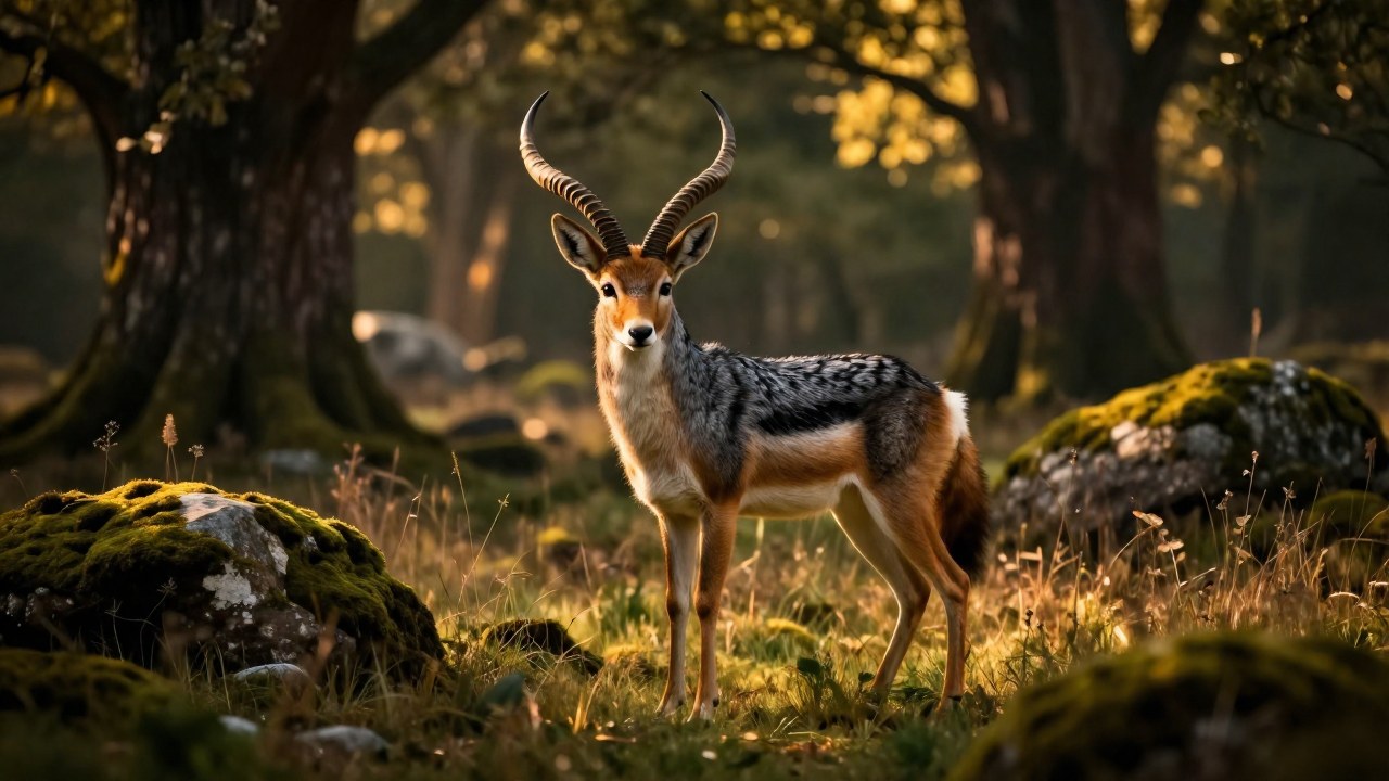 Jackalope mítico en un paisaje agreste de prado y bosque antiguo.