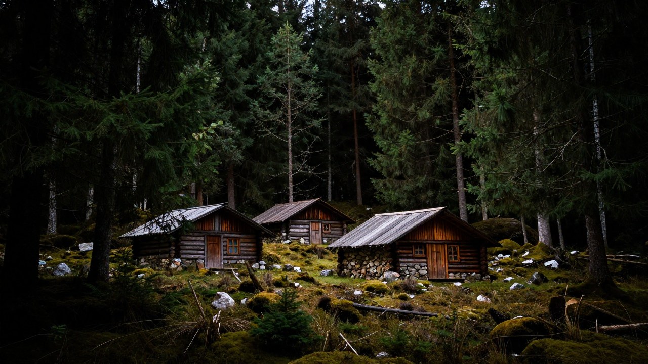 Cabañas rústicas en madera y piedra enclavadas en la densa y vasta naturaleza de un bosque templado.