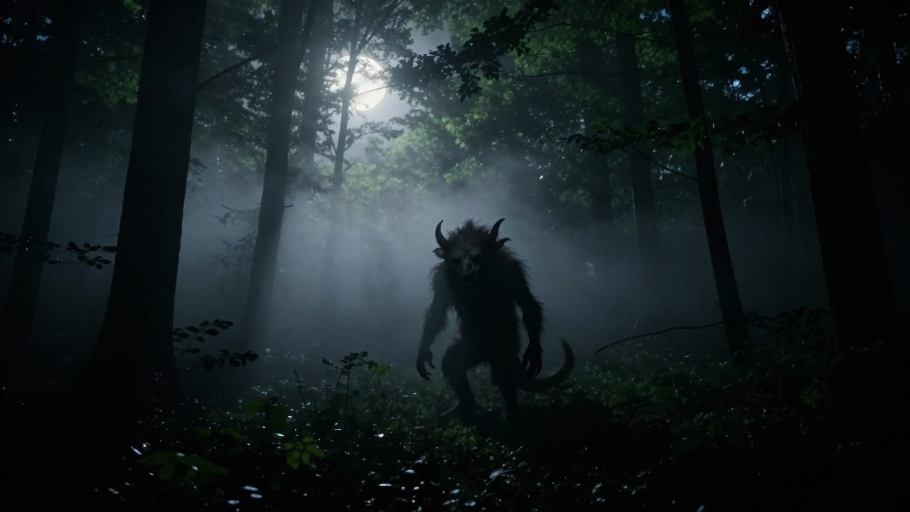 Criatura folclórica similar al Jersey Devil asomándose en un bosque oscuro y neblinoso de Nueva Jersey.