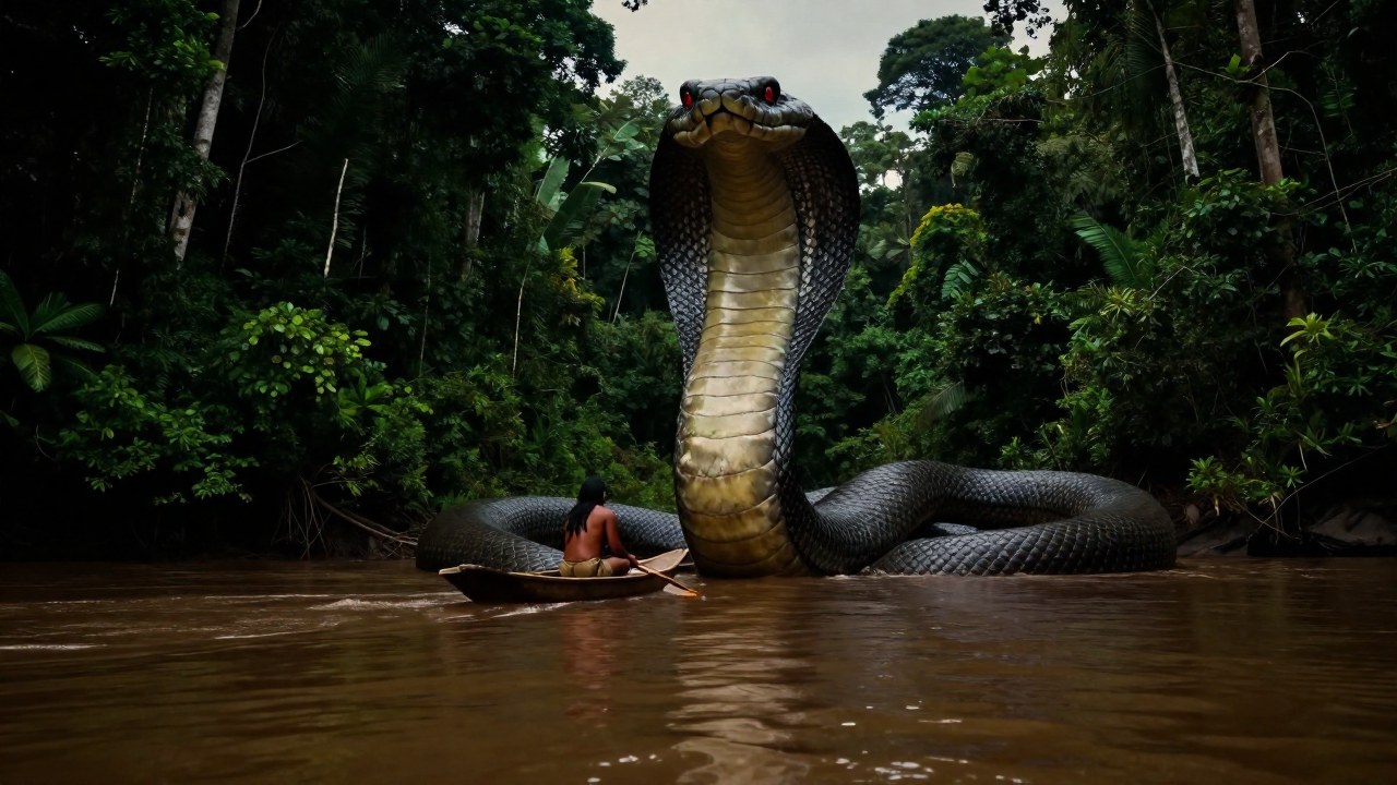 Indígena en canoa se enfrenta a una colosal serpiente Yacumama en el río amazónico.