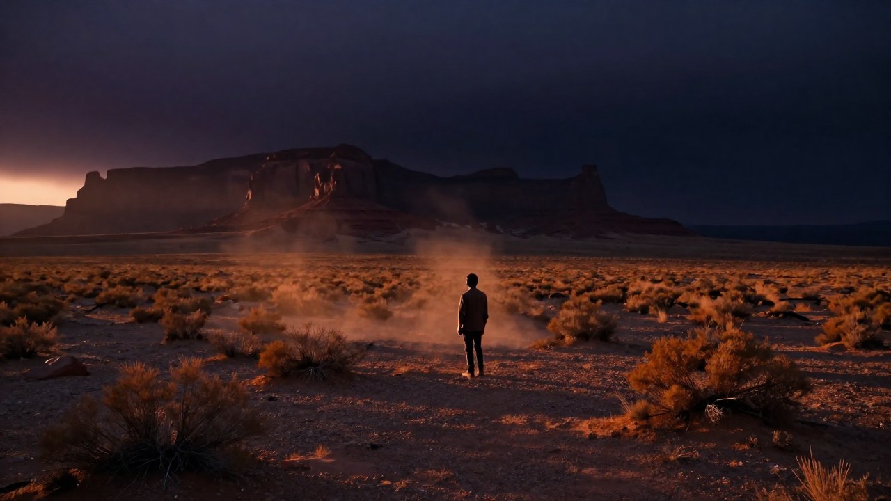 Una figura solitaria se encuentra en el desierto del suroeste mirando una mesa rocosa en la distancia al anochecer.