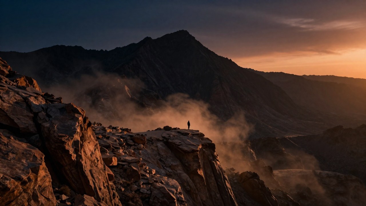 Persona solitaria en la cresta rocosa de un vasto paisaje montañoso en el suroeste americano al atardecer.