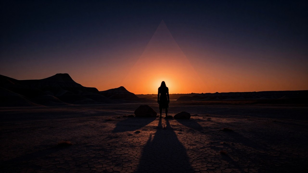 Figura criptida de aspecto bestial en un paisaje desolado del suroeste de Estados Unidos al atardecer.