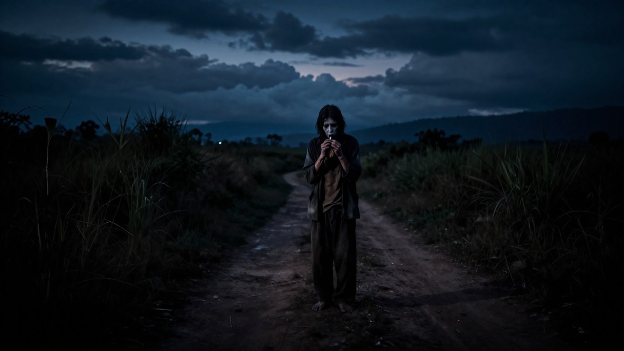 Figura solitaria en un camino rural oscuro, sosteniendo un instrumento de viento bajo un cielo nocturno.