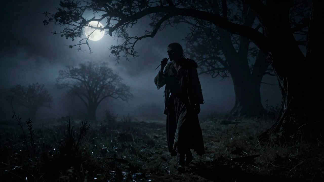 El espíritu folclórico El Silbón, una figura esquelética, silba en un paisaje rural nocturno y brumoso.